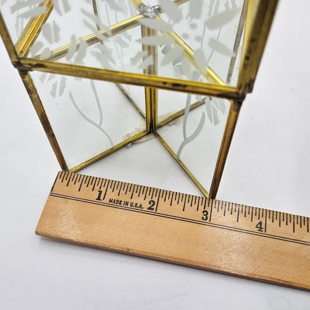 Vintage‎ FTD 1993 Brass Tone Etched Glass Jewelry Holder Trinket Organizer